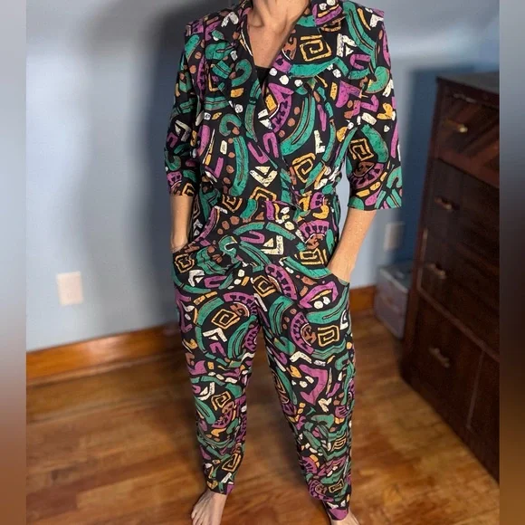 Vintage 80s Geometric Jumpsuit - Picture 1 of 4